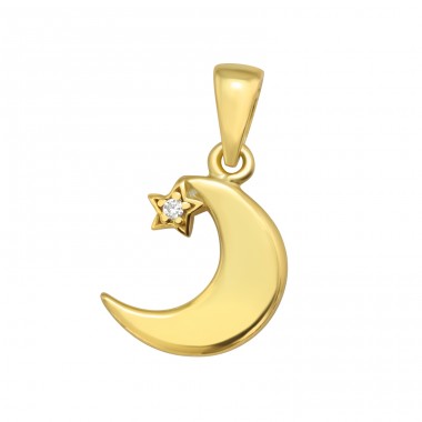 Golden Crescent Moon - 925 Sterling Silver Pendants With Zirconia Stones A4S42101