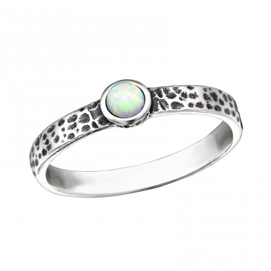 Hammered "Fire Snow" Opal - 925 Sterling Silver Rings With Zirconia Stones A4S31786