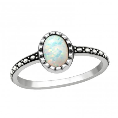 Silver Oval Ring With Fire Snow Opal - 925 Sterling Silver Rings With Zirconia Stones A4S40649