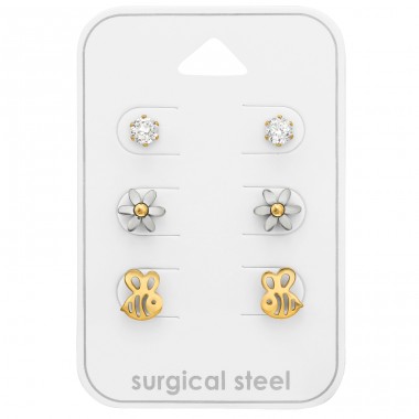 3x pairs of ear studs Nature, Bees, flower - 316L Surgical Grade Stainless Steel Steel Jewellery Sets A4S45420