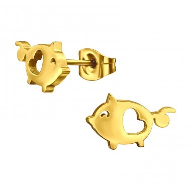 Golden Pig with heart - 316L Surgical Grade Stainless Steel Steel Ear Studs A4S45527