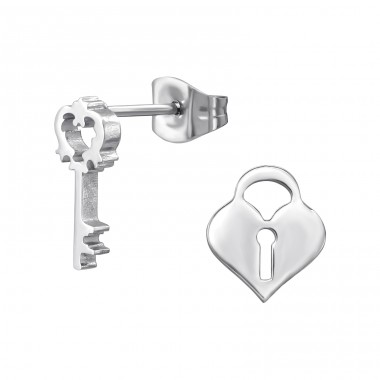 Key And Padlock - 316L Surgical Grade Stainless Steel Steel Ear Studs A4S45944