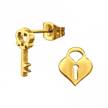 Golden Mismatch Key & Padlock  - 316L Surgical Grade Stainless Steel Steel Ear Studs A4S45945