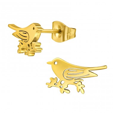 Golden Bird on branch - 316L Surgical Grade Stainless Steel Steel Ear Studs A4S46746