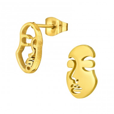 Mismatch Golden Abstract Face - 316L Surgical Grade Stainless Steel Steel Ear Studs A4S46748