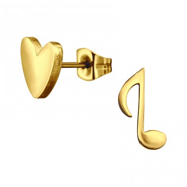 Music Note And Heart - 316L Surgical Grade Stainless Steel Steel Ear Studs A4S46752