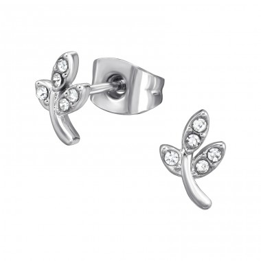 Leaves with crystals - 316L Surgical Grade Stainless Steel Steel Ear Studs A4S47394