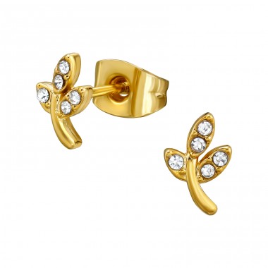 Golden Leaves with Crystals - 316L Surgical Grade Stainless Steel Steel Ear Studs A4S47395