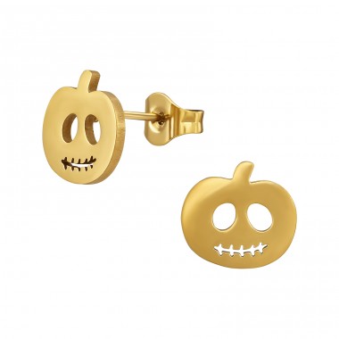 Golden Halloween Pumpkin - 316L Surgical Grade Stainless Steel Steel Ear Studs A4S48473