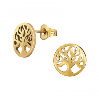 Golden Tree Of Life - 316L Surgical Grade Stainless Steel Steel Ear Studs A4S48480