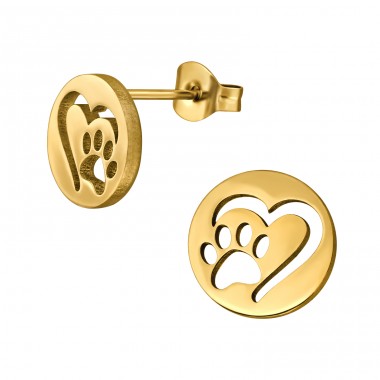 Golden Paw Footprint In Heart - 316L Surgical Grade Stainless Steel Steel Ear Studs A4S48992