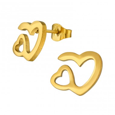 Golden Double Heart - 316L Surgical Grade Stainless Steel Steel Ear Studs A4S49134