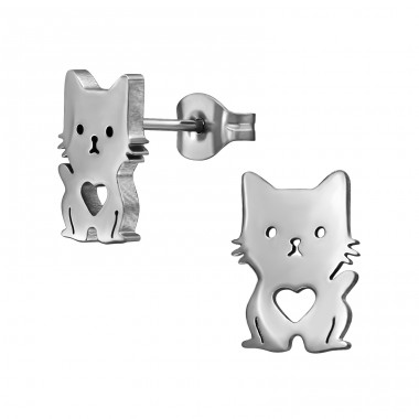 Cat With Heart - 316L Surgical Grade Stainless Steel Steel Ear Studs A4S49148