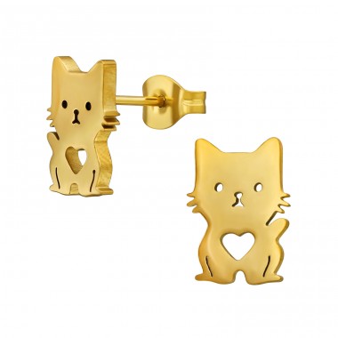 Golden Cat With Heart - 316L Surgical Grade Stainless Steel Steel Ear Studs A4S49149