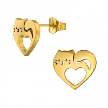 Golden Cat Heart - 316L Surgical Grade Stainless Steel Steel Ear Studs A4S49372