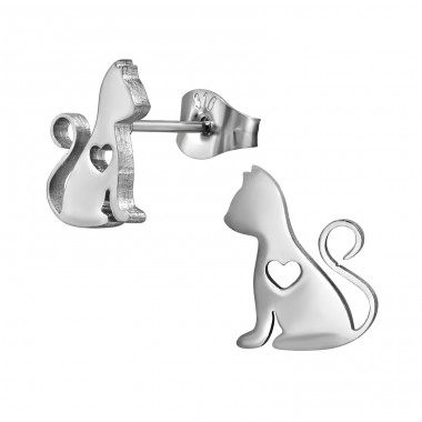 Cat With Heart - 316L Surgical Grade Stainless Steel Steel Ear Studs A4S49375