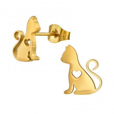 Goldene Katze mit Herz - Chirurgischer 316L-Edelstahl Stahl-Ohrstecker A4S49376