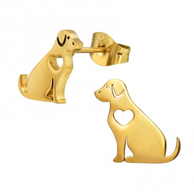 Golden Dog With Heart - 316L Surgical Grade Stainless Steel Steel Ear Studs A4S49432