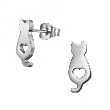 Cat With Heart - 316L Surgical Grade Stainless Steel Steel Ear Studs A4S49436