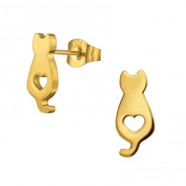 Golden Cat With Heart - 316L Surgical Grade Stainless Steel Steel Ear Studs A4S49437