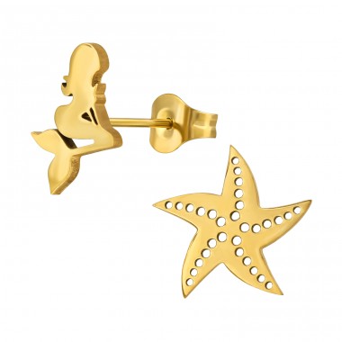 Golden Starfish & Mermaid - 316L Surgical Grade Stainless Steel Steel Ear Studs A4S49468