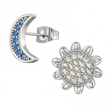 Moon & Sun with Crystals - 316L Surgical Grade Stainless Steel Steel Ear Studs A4S49473